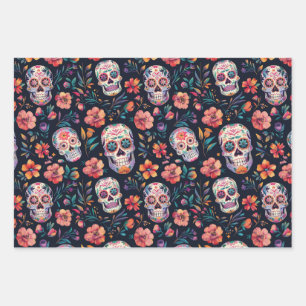 Dag van de Dode Suikerschedels met bloemen Inpakpapier Vel