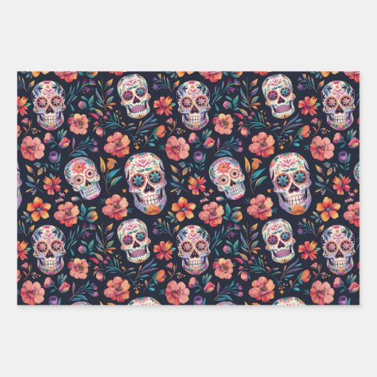 Dag van de Dode Suikerschedels met bloemen Inpakpapier Vel (Voorkant)