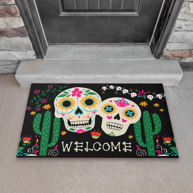 Dag van de Dode Suikerschedels Welkom Deurmat (Big Welcome doormat with sugar skuls and cactus from my Dia de los Muertos collection)