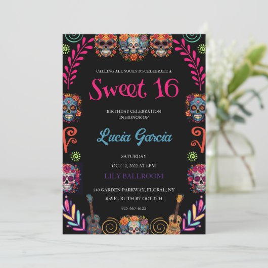 Dag van de Dode Zoete 16 uitnodiging (Staand voorkant)
