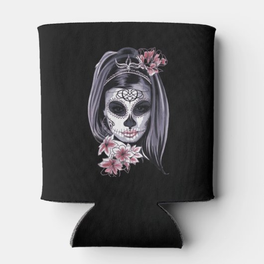 Dag van de doden, grappige suiker meisje schedel,  blikjeskoeler (Achterkant)