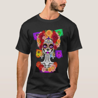 Dag van de Doden Kostuum La Catrina Schedel Bloeme T-shirt