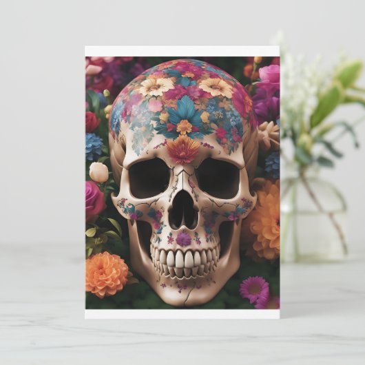 Dag van de Doden Metalen Schedel met Bloemen Kaart (Staand voorkant)