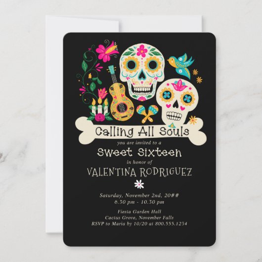 Dag van de Doden Roept alle Zielen Sweet Sixteen Kaart (Voorkant)