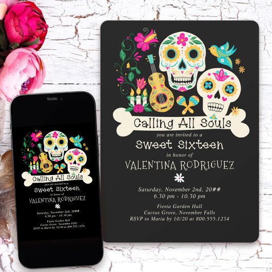 Dag van de Doden Roept alle Zielen Sweet Sixteen Kaart