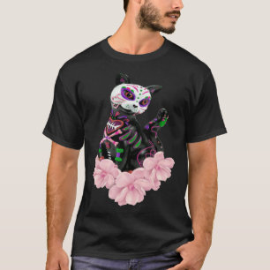 Dag Van De Doden Suiker Schedel Kat Roze Bloemen T-shirt