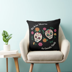 Dag van de Doden Suiker Schedels en Bloemen Zwart Kussen