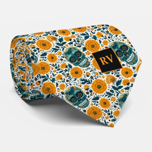 Dag van de Doden Turquoise Schedels met Gele Afrik Stropdas (Opgerold)
