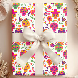 Dag Van De Doden Witte Kleurrijke Suiker Schedel P Cadeaupapier
