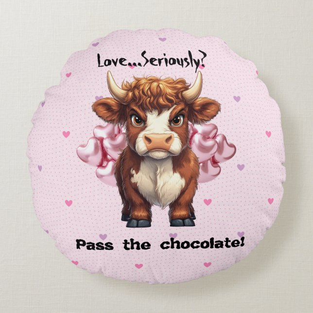Dag van de Grumpy Highland Koe Valentijn Rond Kussen (Voorkant)