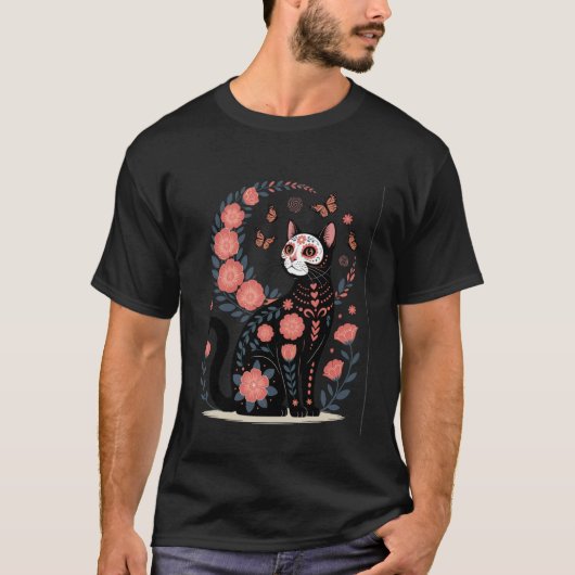 Dag van Dode Kat Suiker Schedel Bloem T-shirt (Voorkant)