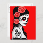 Dag van het Dead Sugar Skull Girl - Helder rood Briefkaart (Voorkant / Achterkant)