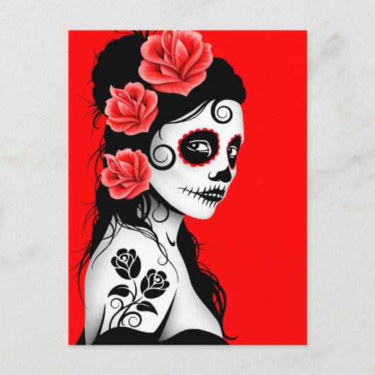 Dag van het Dead Sugar Skull Girl - Helder rood Briefkaart (Voorkant)