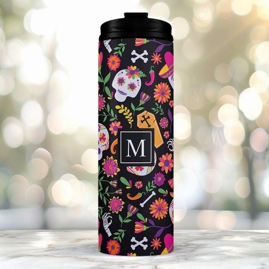 Dag van het Dead Sugar Skull Pattern Monogram Thermosbeker