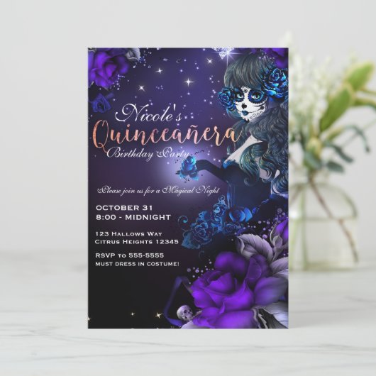 Dag van het Dode Meisje Paarse Blauwe Quinceañera  Kaart (Staand voorkant)