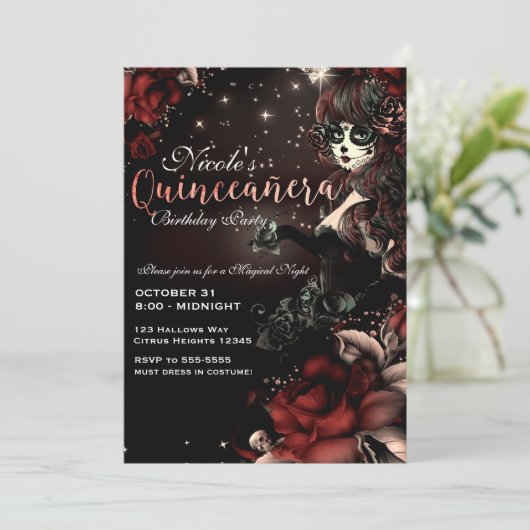 Dag van het Dode Meisje Rood Zwart Quinceañera Par Kaart (Staand voorkant)