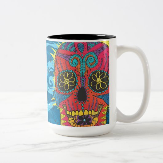 Dag van het dode regenboogschedel Daisy Tribal Tat Tweekleurige Koffiemok (Rechts)