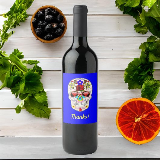 Dag van het dode Roos op Blauw Wijn Etiket