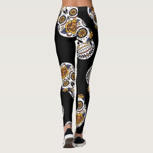 Dag van het dode roos schedel Halloween patroon Leggings (Achterkant)