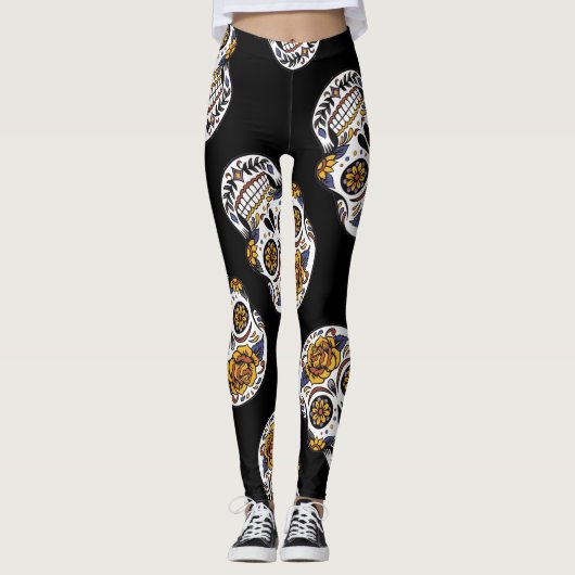 Dag van het dode roos schedel Halloween patroon Leggings (Voorkant)