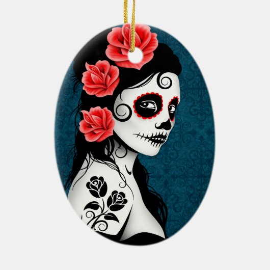 Dag van het meisje van de Dode Suiker - blauw Keramisch Ornament (Achterkant)