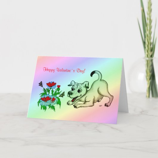 Dag van valentijn, hart, ventilator, puppy en vlin feestdagen kaart (Voorkant)