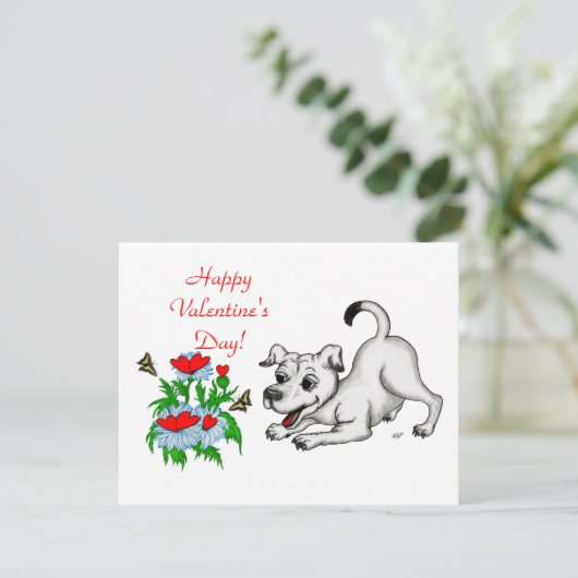 Dag van valentijn, hart, ventilator, puppy en vlin feestdagenkaart (Staand voorkant)