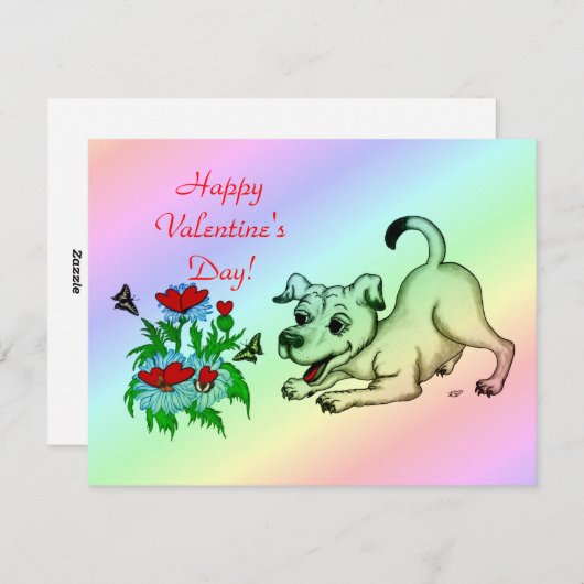 Dag van valentijn, hart, ventilator, puppy en vlin feestdagenkaart (Voorkant / Achterkant)