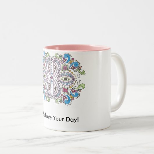 "Dag vieren!" Theresa Hartman Tweekleurige Koffiemok (Voorkant rechts)