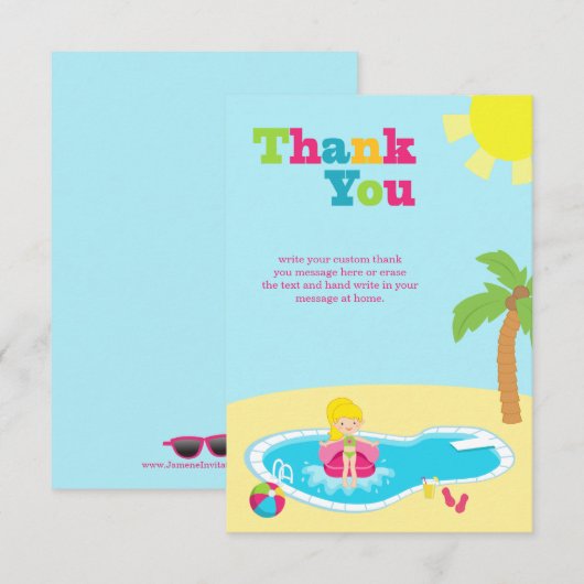 Dag voor meisjes in Cute poolfeest Dank je kaart (Voorkant / Achterkant)