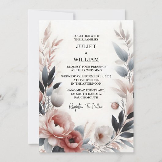 Dag Zijde Roze Boho Peony Tuin Stoffig Roos Bruilo Kaart (Voorkant)