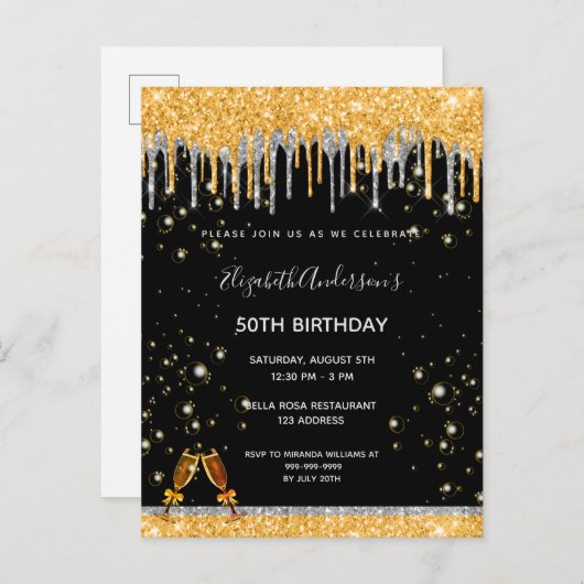 Dag zwarte goudglitter zilveren glazen uitnodiging (Voorkant / Achterkant)