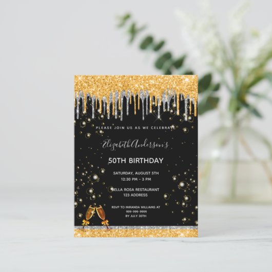 Dag zwarte goudglitter zilveren glazen uitnodiging (Staand voorkant)