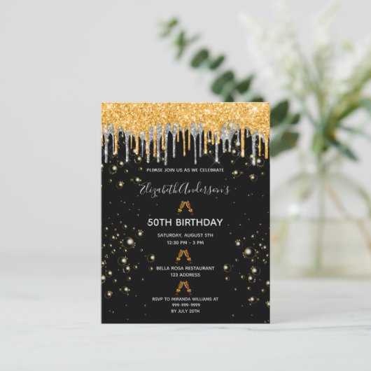 Dag zwarte goudglitter zilveren glazen uitnodiging (Staand voorkant)