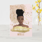 Dag, Zwarte Vrouw, Gold Tropisch Blad, Roze Kaart (Gele Bloem)