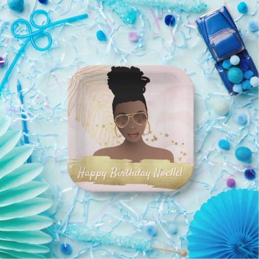 Dag, Zwarte Vrouw, Gold Tropisch Blad, Roze Papieren Bordje (Feest)