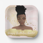 Dag, Zwarte Vrouw, Gold Tropisch Blad, Roze Papieren Bordje (Voorkant)