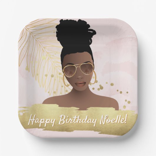 Dag, Zwarte Vrouw, Gold Tropisch Blad, Roze Papieren Bordje (Voorkant)