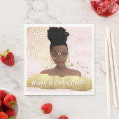 Dag, Zwarte Vrouw, Gold Tropisch Blad, Roze Servet (Insitu)