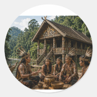 DAGAK-STAMVERGADERING BIJ TRADITIONEEL BORNEO-LANG RONDE STICKER