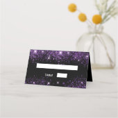 Dagavond zwarte paarse glitterstof plaatskaartje (Voorkant)