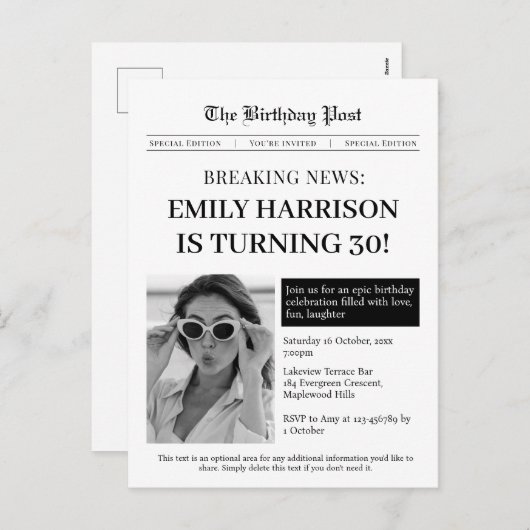 Dagblad 30ste verjaardag Uitnodiging Briefkaart (Voorkant / Achterkant)