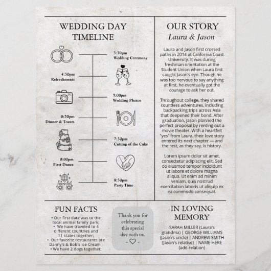 Dagblad Bruiloft Reisschema Programma met Tijdlijn Flyer (Achterkant)