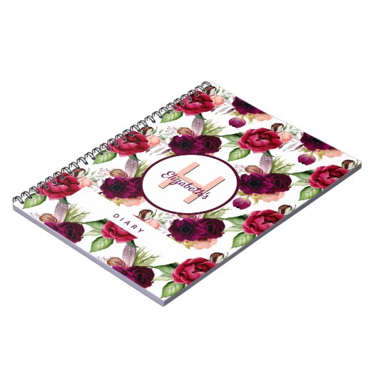 Dagboek bloemen bordeaux monogram notitieboek (Linkerzijde)