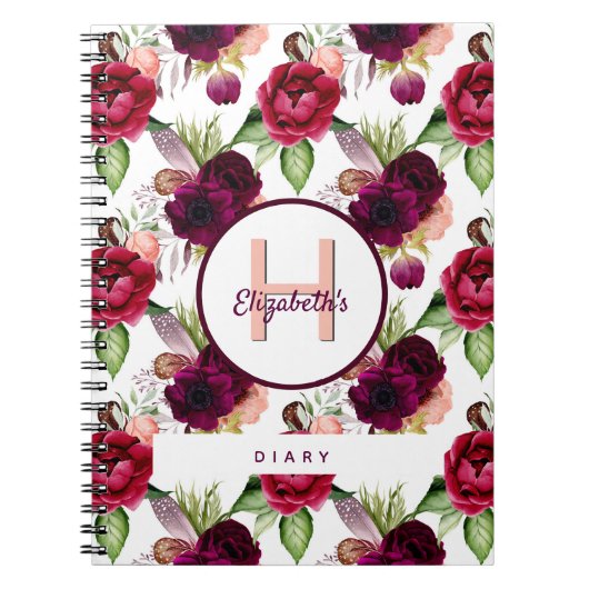 Dagboek bloemen bordeaux monogram notitieboek (Voorkant)