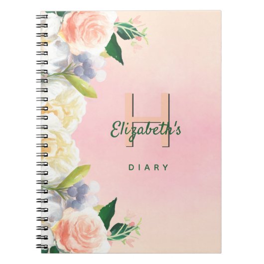 Dagboek blush roze bloemen wit naam monogram notitieboek (Voorkant)