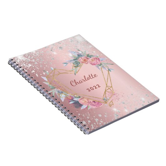 Dagboek roze bloemenzilver glitter naam notitieboek (Rechterzijde)