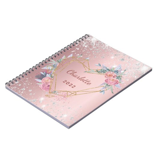 Dagboek roze bloemenzilver glitter naam notitieboek (Linkerzijde)