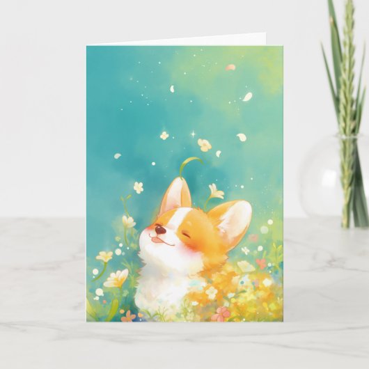 Dagdromende Corgi Omgeven Door Bloemen Kaart (Voorkant)