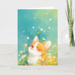 Dagdromende Corgi Omgeven Door Bloemen Kaart